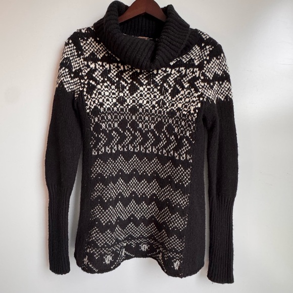 Free People Fair Isle Cowl Neck‎ Pullover Sweater Women XS black white wool knit - Picture 2 of 8
